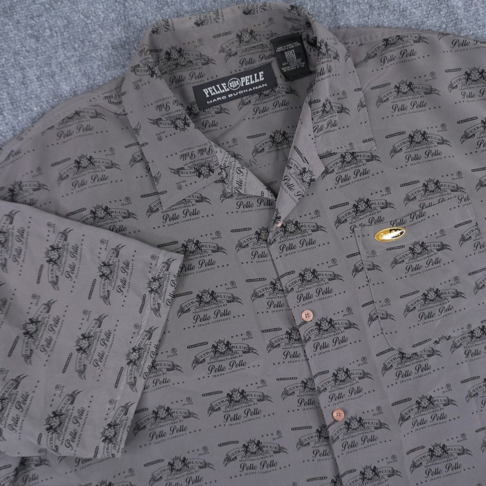 Pelle Pelle Button Down Shirt Mens XXXL Grey All Over Logo Marc Buchanan Vintage